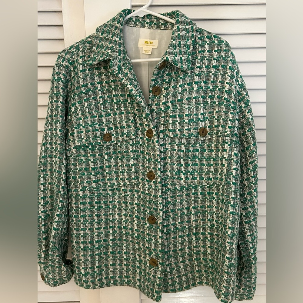 Anthropologie Maeve Tweed Check Oversized Shirt Jacket, Green White, M